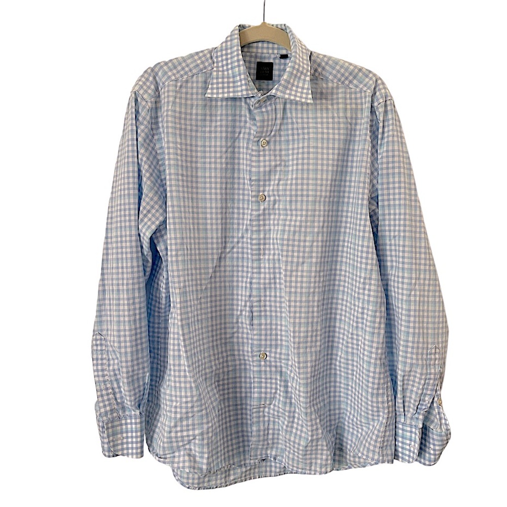Saks Fifth Avenue 100% Cotton White Button Down Shirt w Blue Green Check L